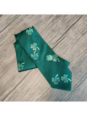 Green Silk Tie With Hand-Painted Shamrock Design By Tie Tracks USA, St Patrick's